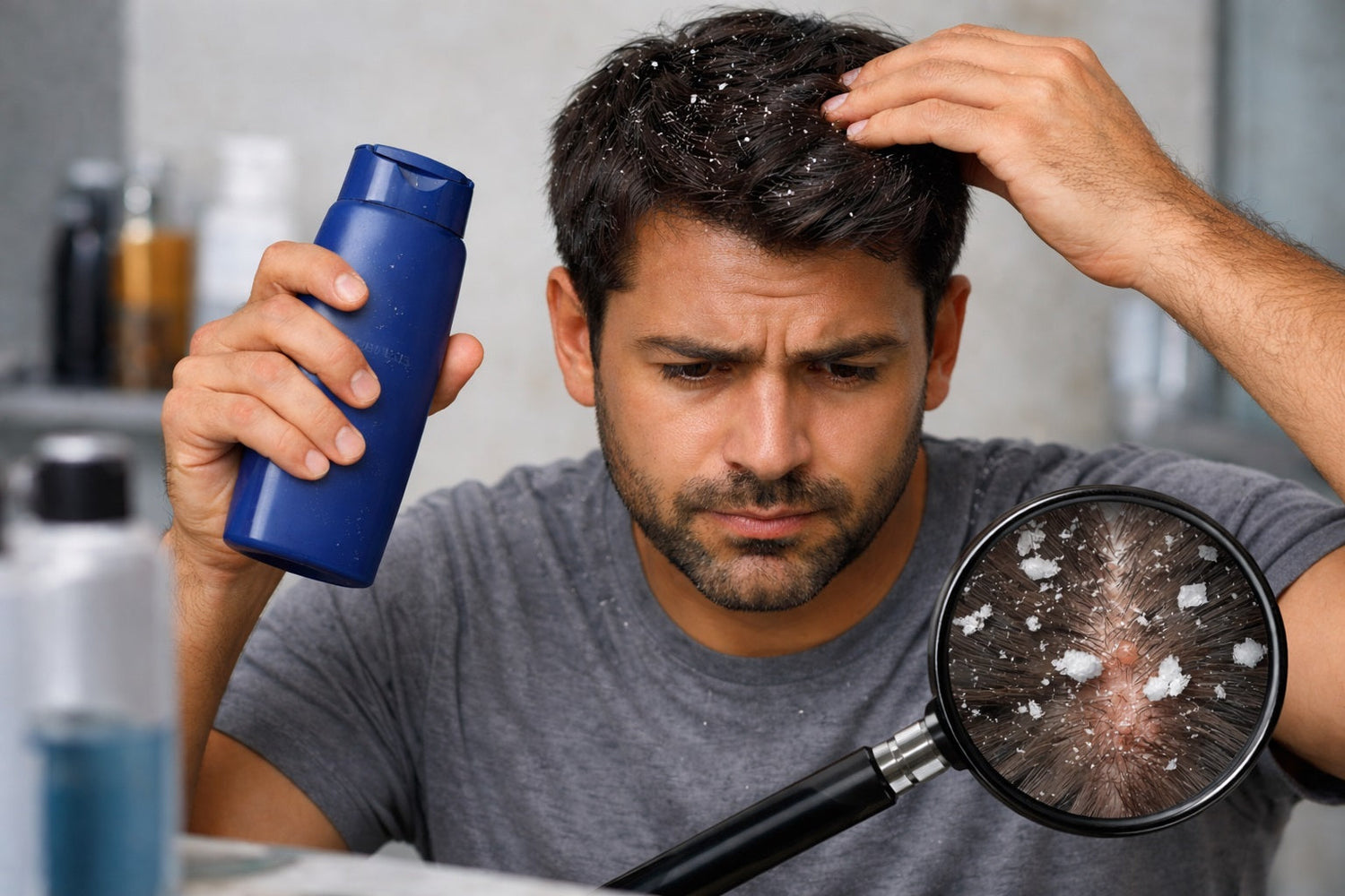 Man frustrated with anti dandruff shampoo not working - Bonji