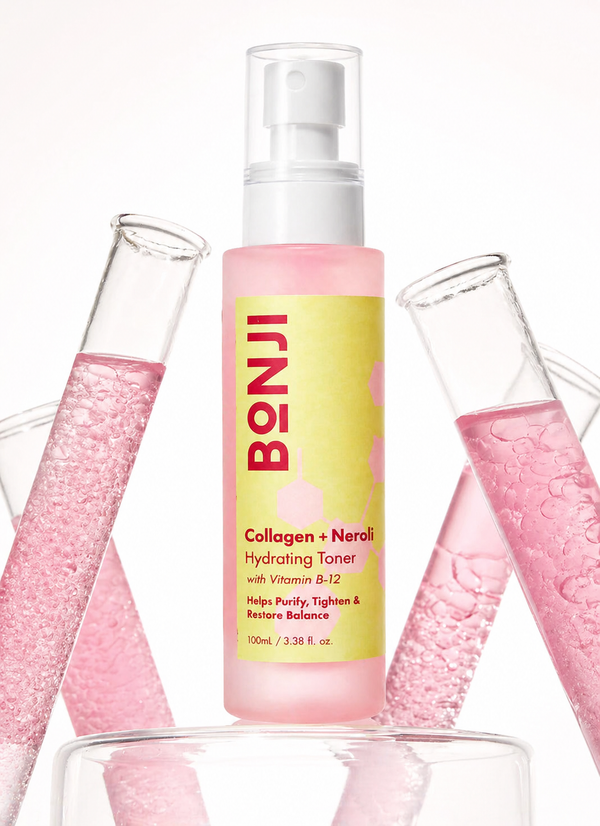 BONJI Collagen + Neroli Hydrating Toner bottle with pink liquid in test tubes on a white background