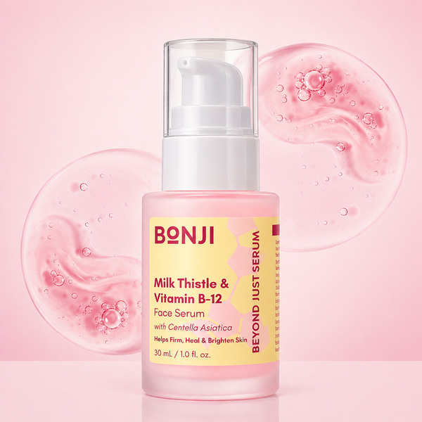 Bonji Milk Thistle & Vitamin B-12 Face Serum bottle on a pink background with product swatches.