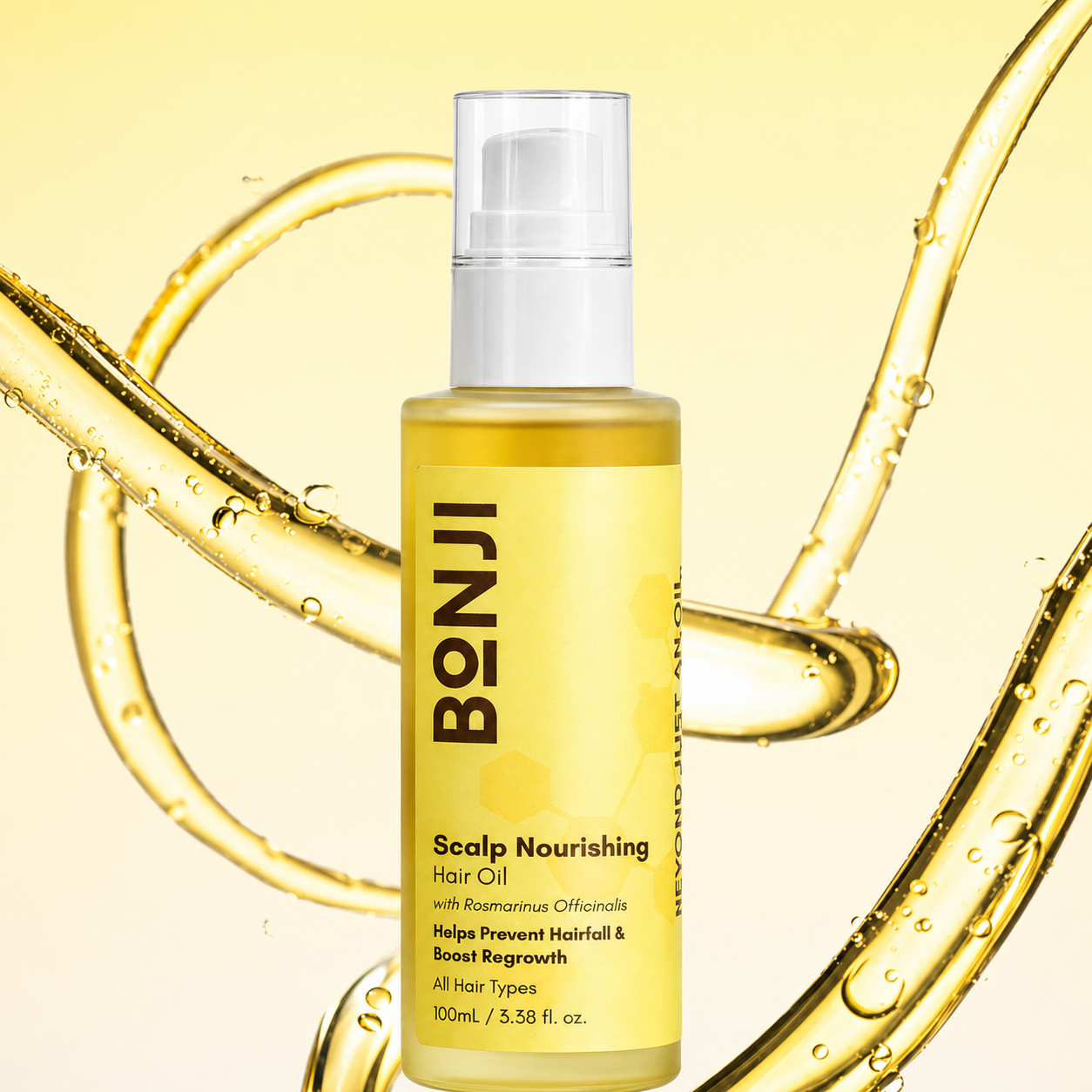 BONJI Scalp Nourishing Hair Oil bottle on a yellow background with oil droplets.