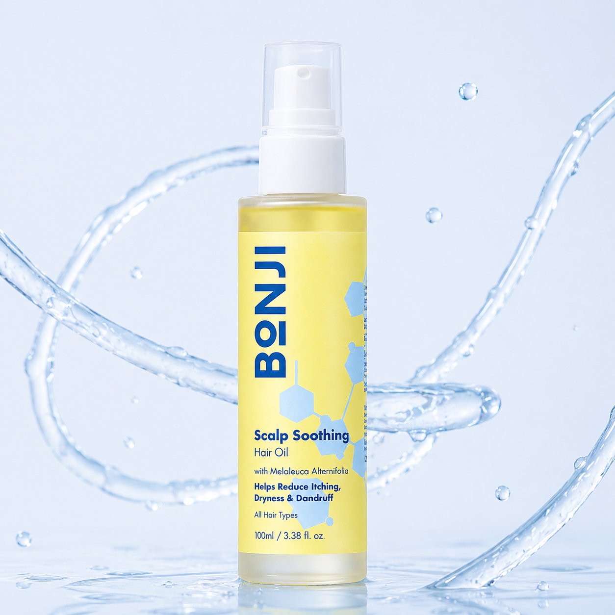BONJI Scalp Soothing Hair Oil bottle on a blue background with water droplets.
