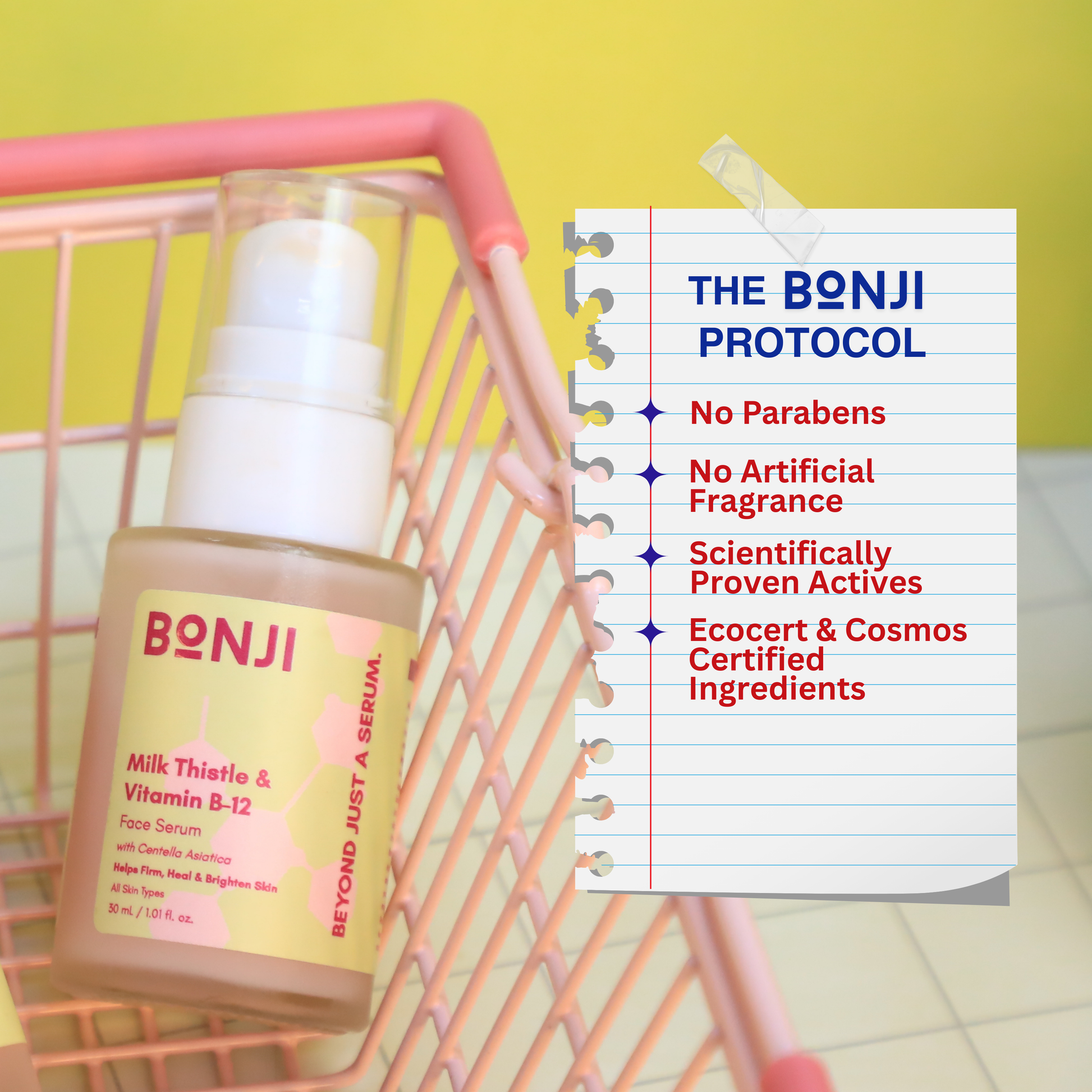 Bonji Milk Thistle & Vitamin B-12 Face Serum in a pink shopping cart with a list of product features on a yellow background.