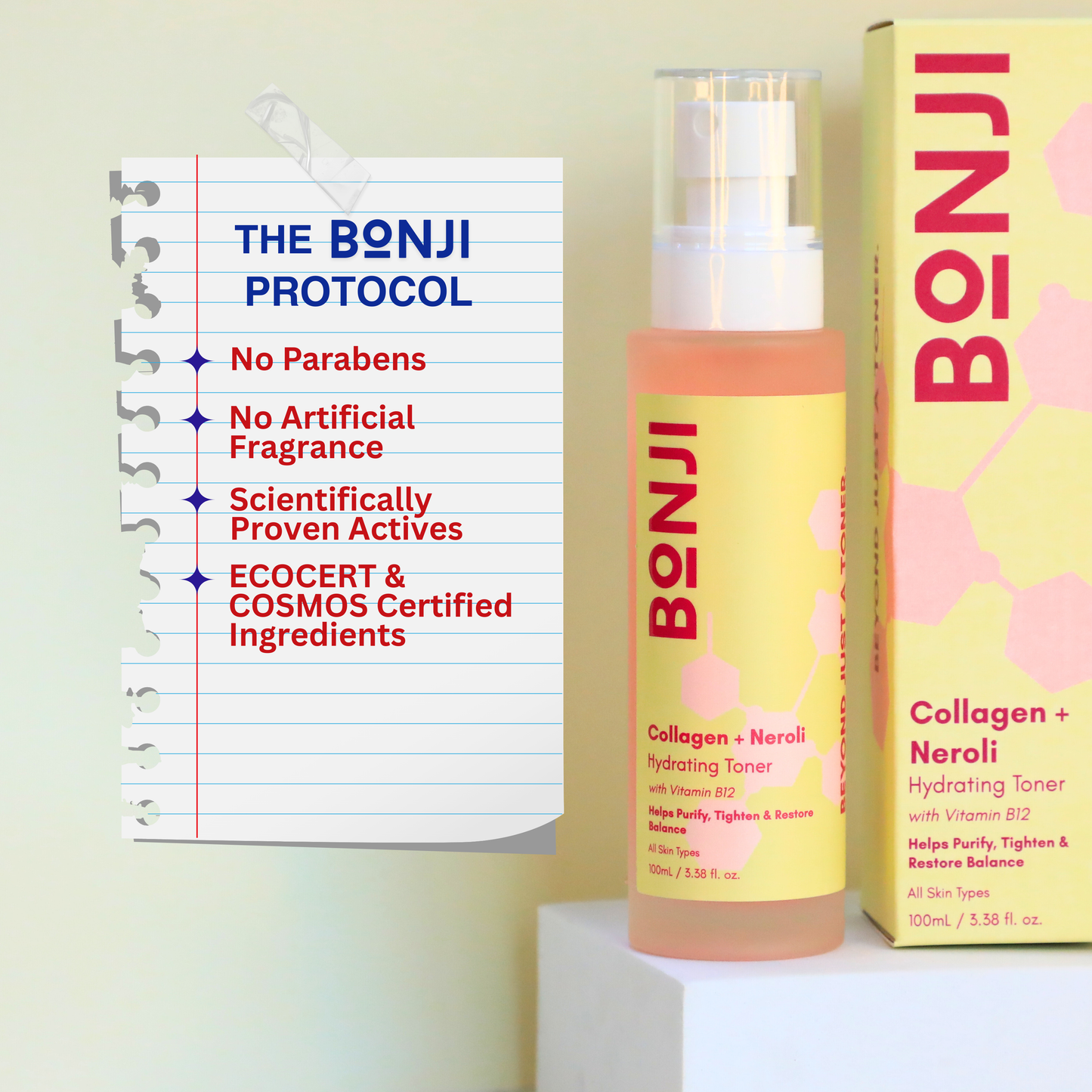 Bonji toner with packaging and a list of product features on a light green background