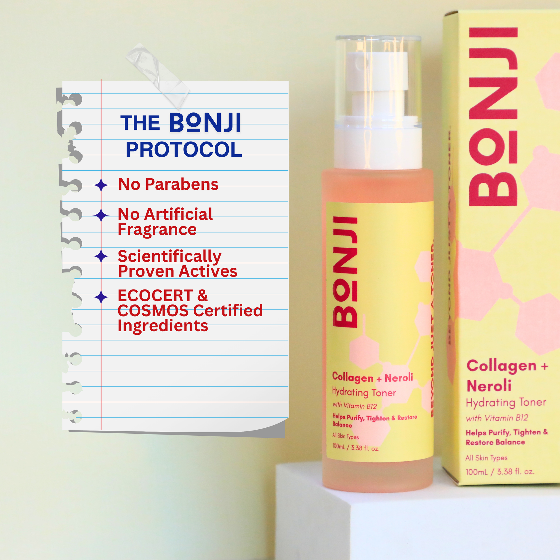 Bonji toner with packaging and a list of product features on a light green background